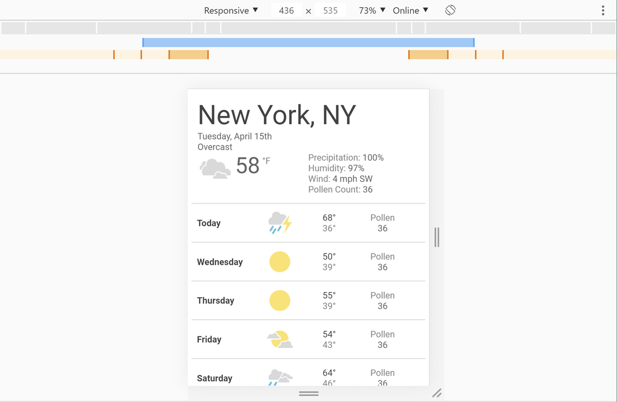 打开我们的天气应用程序并选择宽度为 436 像素时的 DevTools 截图