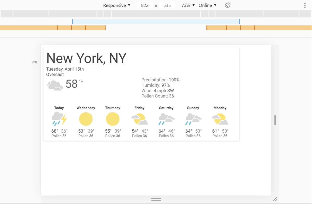 打开我们的天气应用程序并选择宽度为 822 像素时的 DevTools 截图